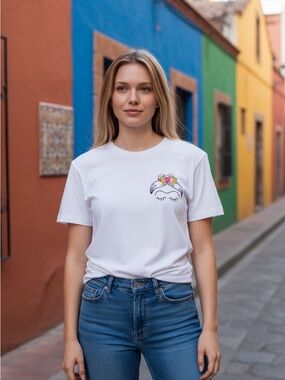 Frida Hand Embroidered White Floral Eyebrow Embroidered Tee Cotton